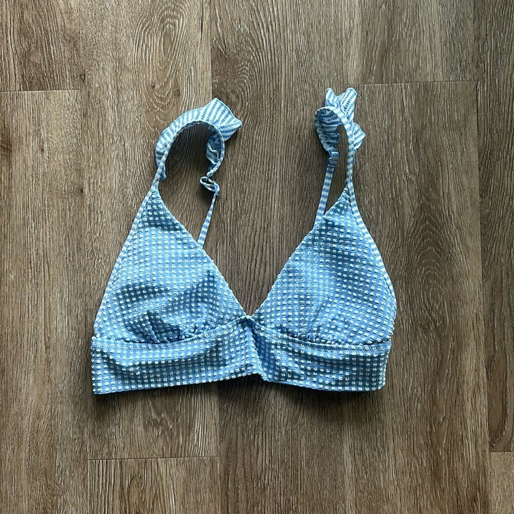 Aerie Ruffle Triangle Bikini Top Light Blue & White Gingham Size Medium